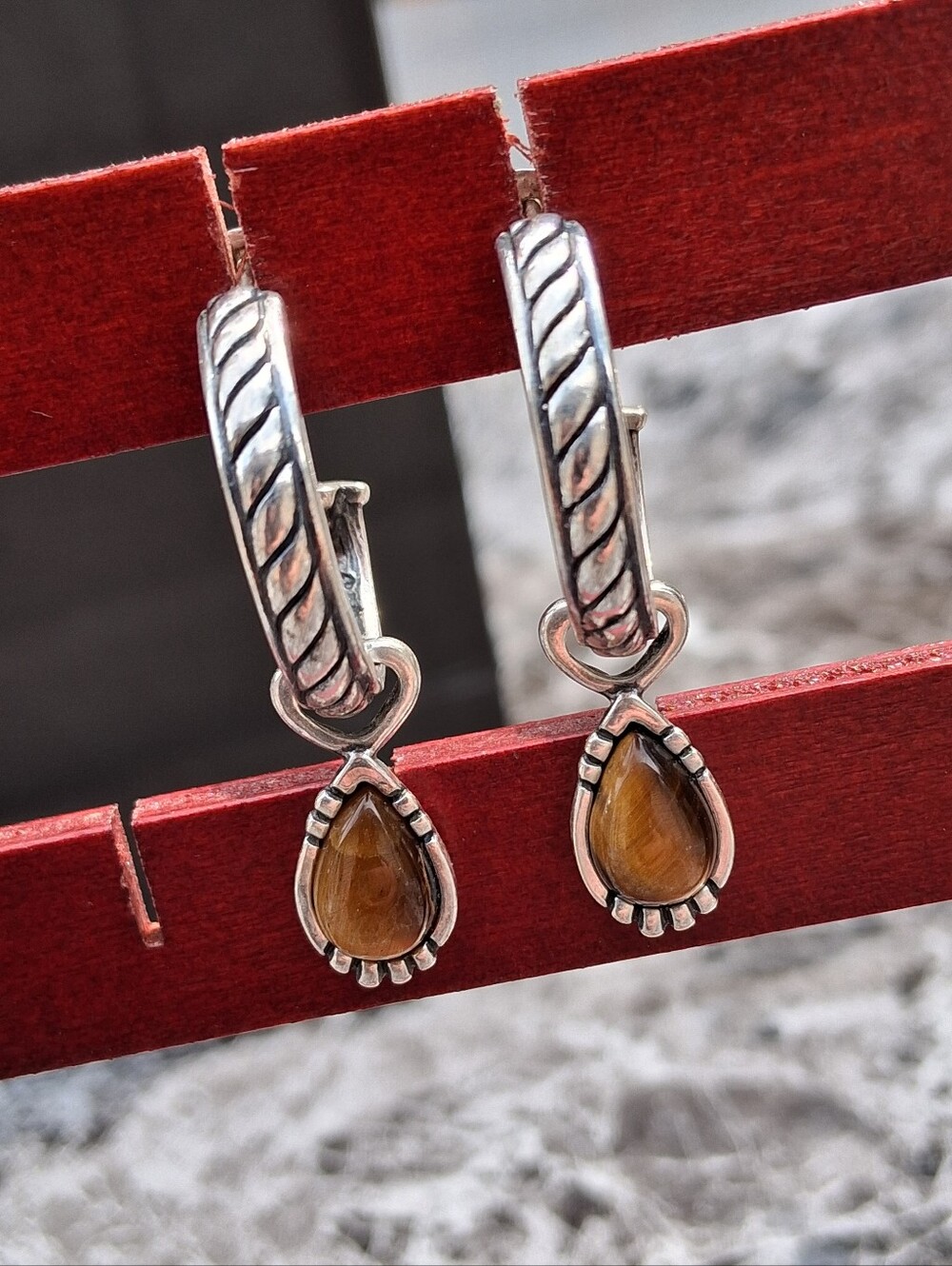 American West Sterling Silver Tiger's Eye Teardrop Hoop Dangle Earrings
